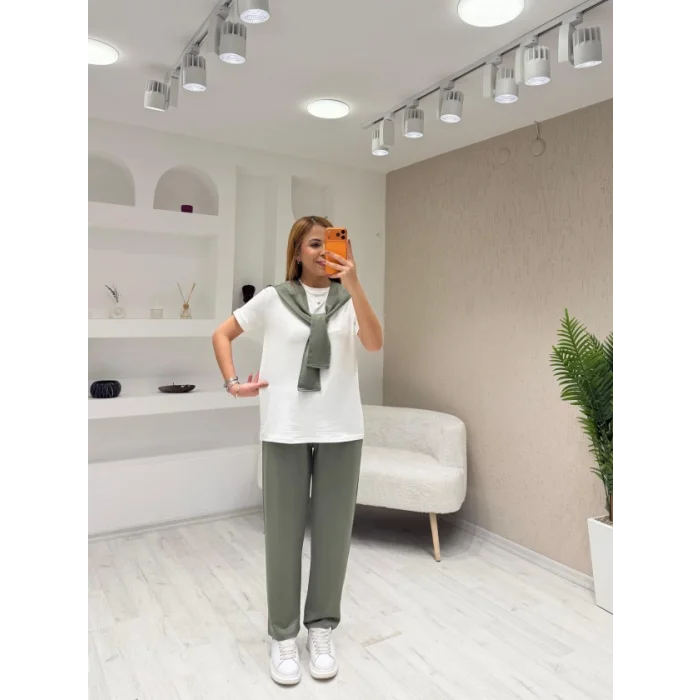 Kadın şal Dahil Bisiklet Yaka Bluz Ve Pantolon üçlü Takım