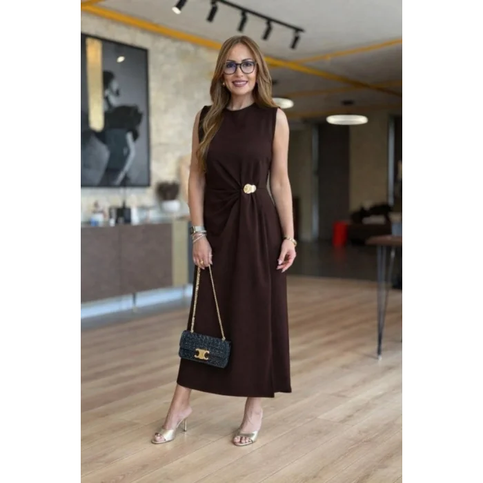 Kadın Sıfır Kollu Bisiklet Yaka Belden Büzgülü Yırtmaç Detaylı Janjan Krep Elbise