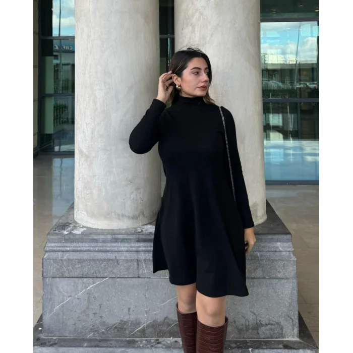 Kadın Uzun Kollu Balıkçı Yaka Salaş Kusa Akrilik Elbise