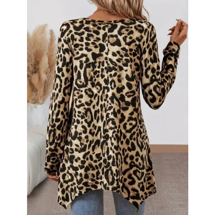 Kadın Uzun Kollu Bisiklet Yaka Leopar Desenli Süprem Bluz