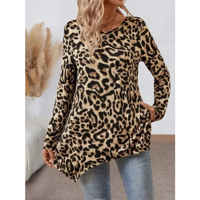 Kadın Uzun Kollu Bisiklet Yaka Leopar Desenli Süprem Bluz