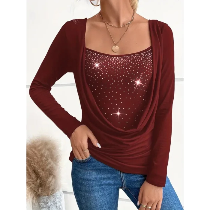Kadın Uzun Kollu Derin Degaje Yakalı Taşlı Sandy Bluz