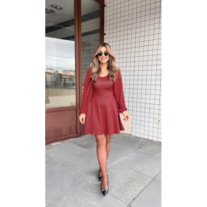 Kadın Uzun Kollu Kare Kalp Yakalı Mini Modal Elbise