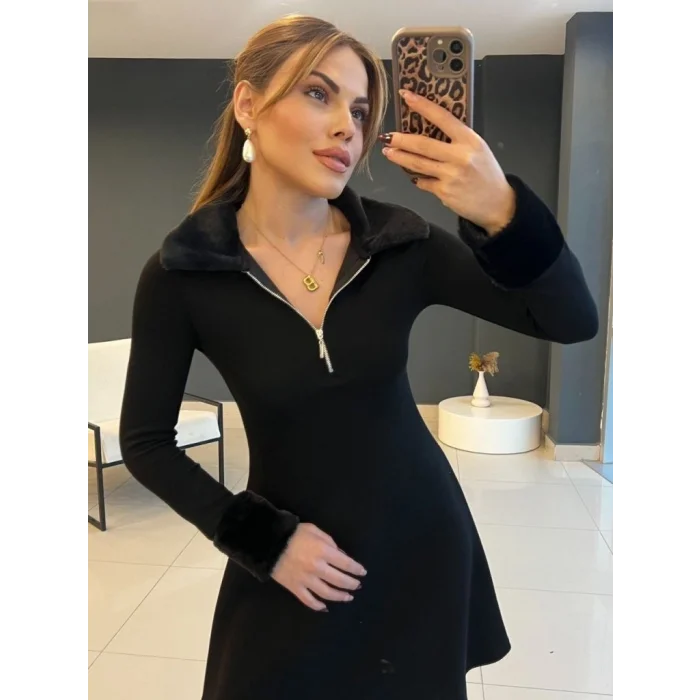 Kadın Uzun Kollu Kürk Yakalı Fermuarlı Kısa Viskon Iki Iplik Elbise