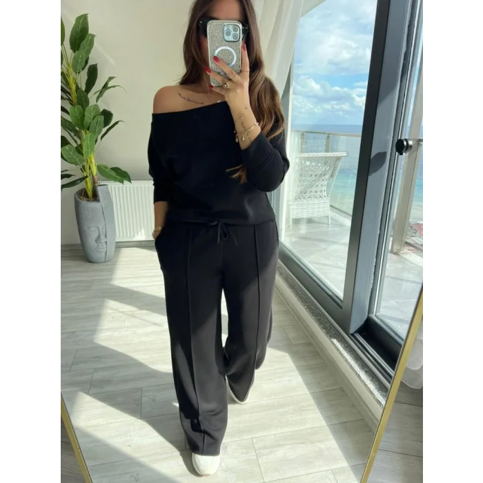 Kadın Uzun Kollu Tek Omuzdan Açık Modal Bluz Ve Pantolon Ikili Takım