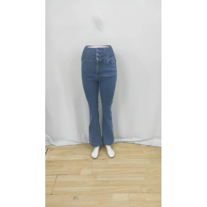 Kadın Yüksek Bel Yanları Lastik önü Düğmeli Kot Pantolon