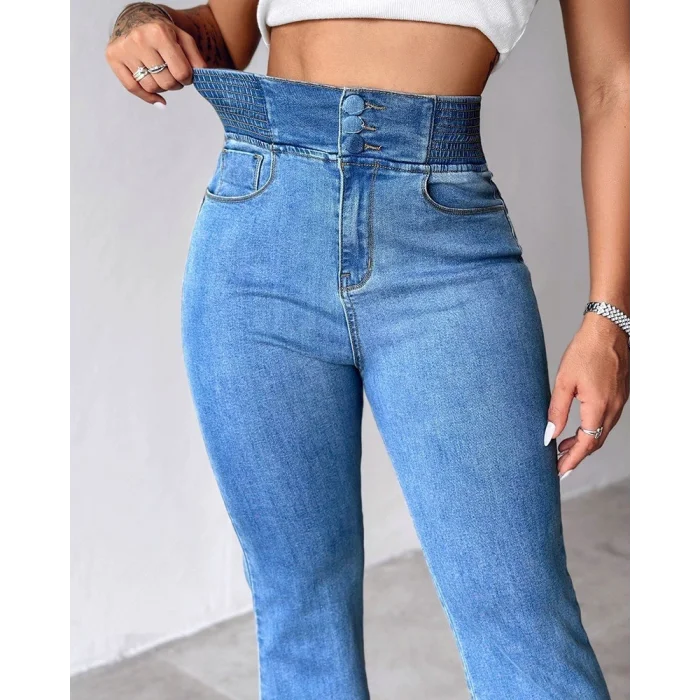 Kadın Yüksek Bel Yanları Lastik önü Düğmeli Kot Pantolon