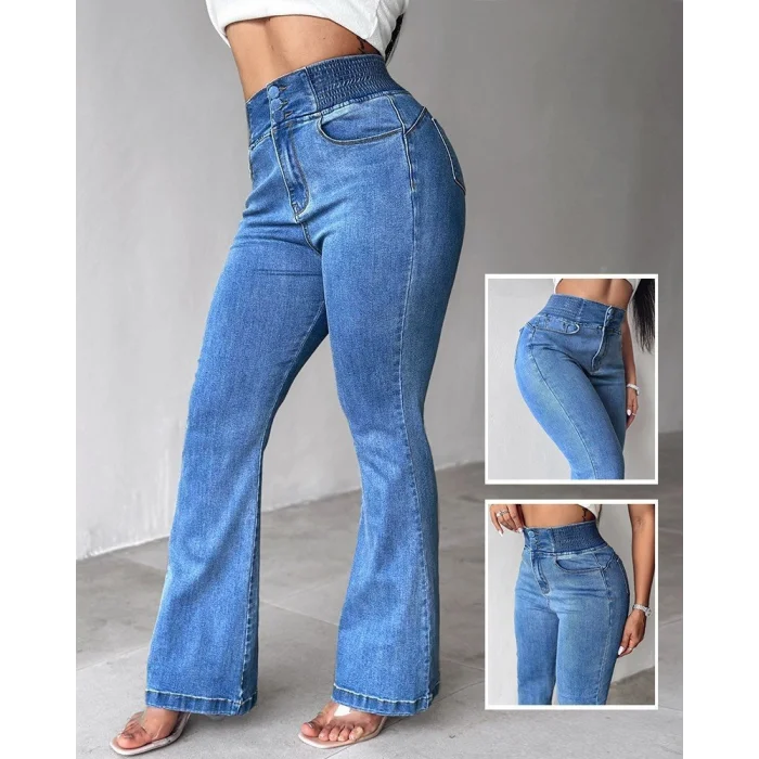 Kadın Yüksek Bel Yanları Lastik önü Düğmeli Kot Pantolon