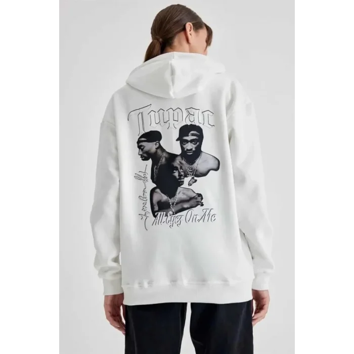 Kapüşonlu Sırt Baskılı Üç İplik Oversize Sweatshirt - Beyaz