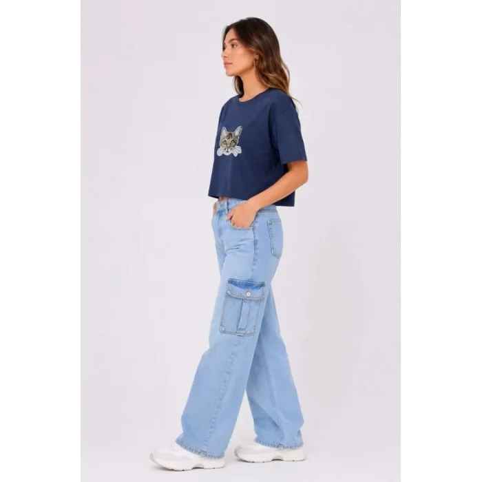 Kedi Baskılı Oversize Crop Tişört Salaş Basic Yarım Kol T-shirt - Lacivert