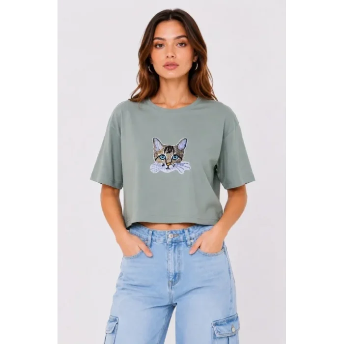 Kedi Baskılı Oversize Crop Tişört Salaş Basic Yarım Kol T-shirt - Mint Yeşili