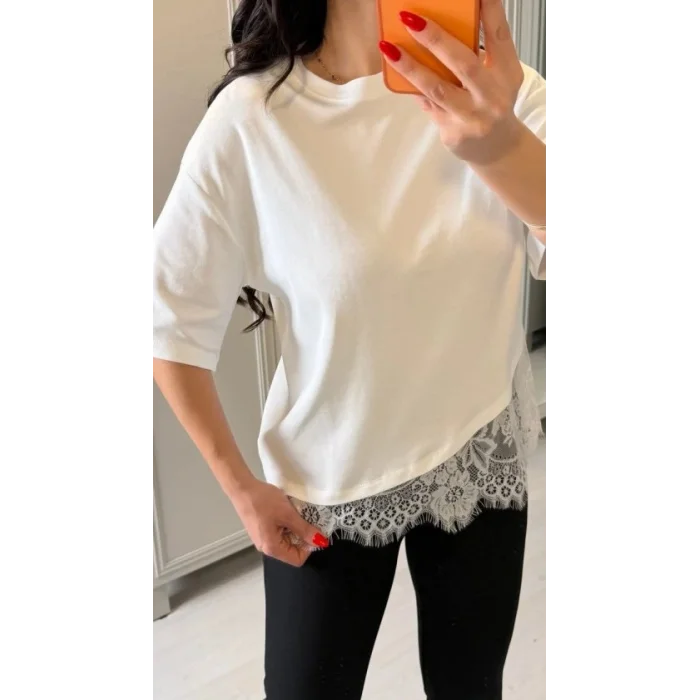 Kısa Kollu Bısıklet Yakalı Dantel Detaylı Vıskon ıkı ıplık Bluz