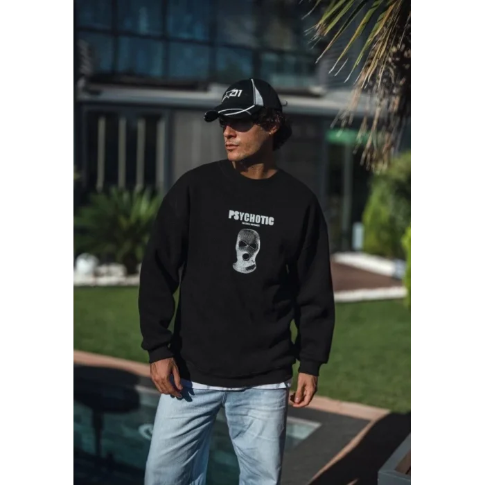 Kışlık Bisiklet Yaka Baskılı SweatShirt - Siyah