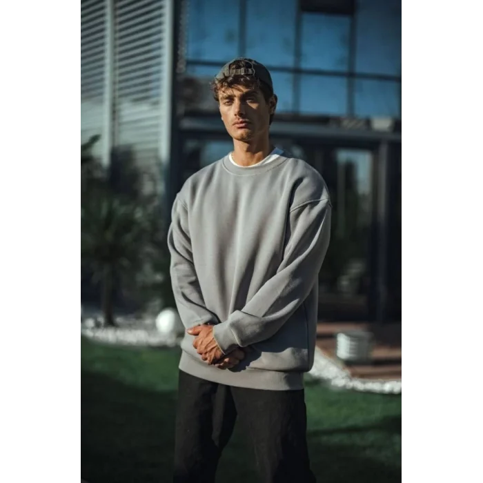 Kışlık Bisiklet Yaka Üç İplik Basic SweatShirt - Boyalı Gri