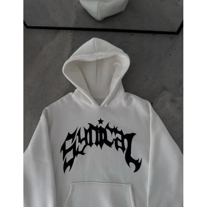 Kışlık Kapşonlu Baskılı Oversize SweatShirt- Beyaz