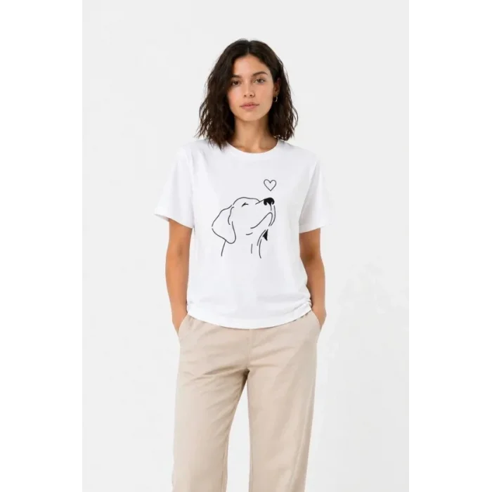 Köpek Figürlü Minimal Baskılı Tişört Kısa Kol Yazlık T-Shirt - Beyaz