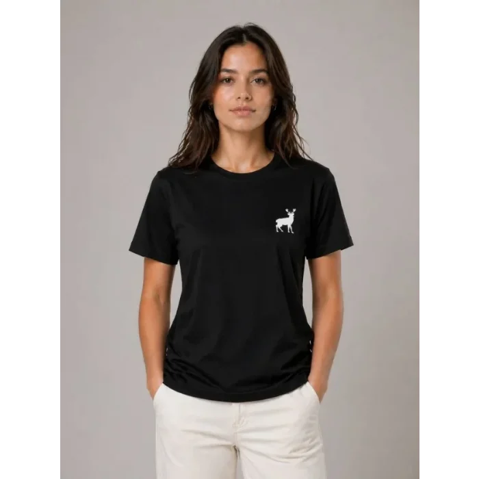 Minimal Geyik Logolu Tişört Bisiklet Yaka Kısa Kol Yazlık T-Shirt - Siyah