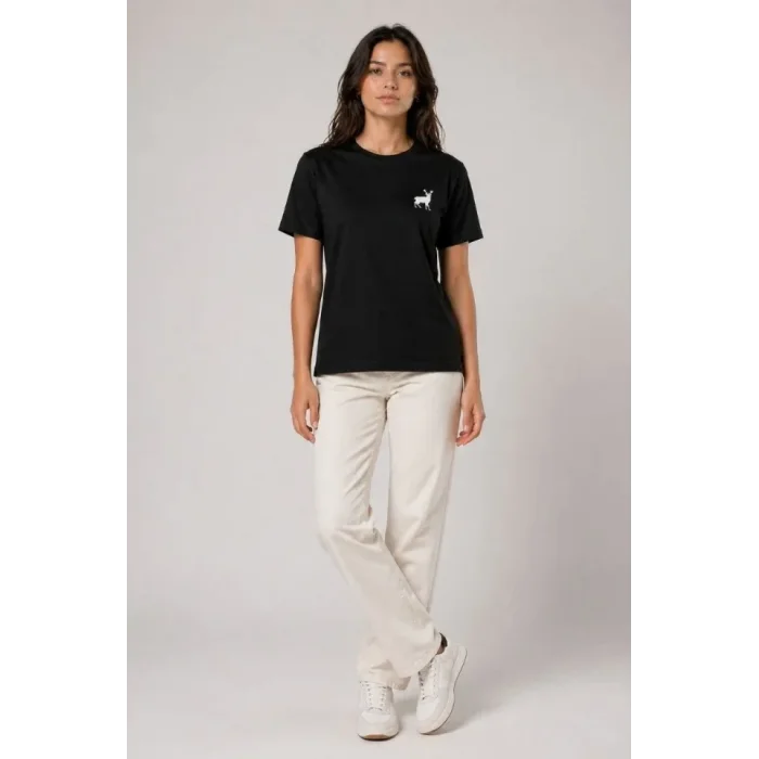 Minimal Geyik Logolu Tişört Bisiklet Yaka Kısa Kol Yazlık T-Shirt - Siyah