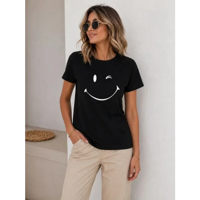 Minimal Gülümseyen Yüz Baskılı Tişört Kısa Kol Yazlık T-Shirt - Siyah