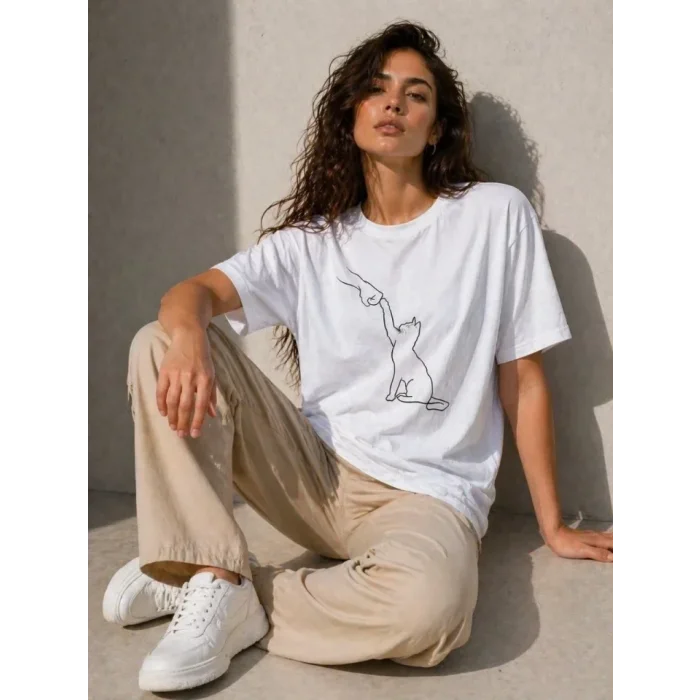 Minimal Kedi Çizim Baskılı Tişört Kısa Kol Yazlık T-Shirt - Beyaz