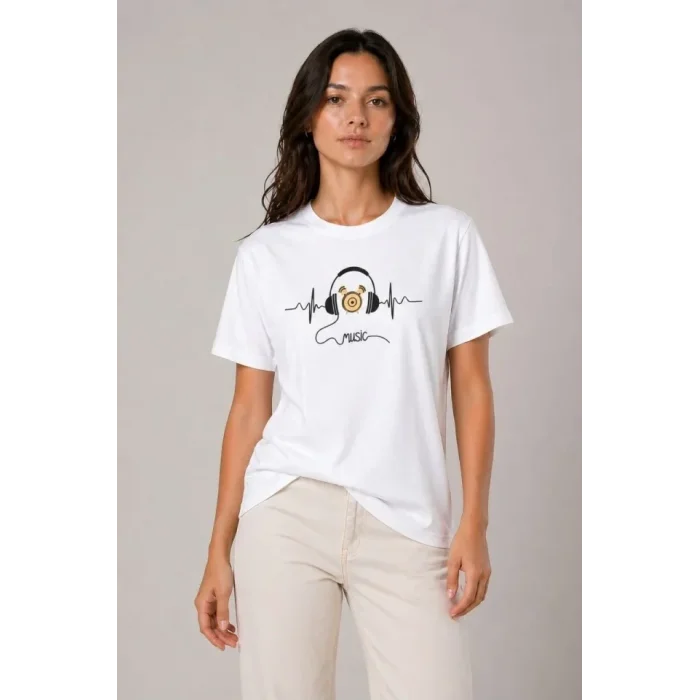 Müzik Temalı Baskılı Tişört Bisiklet Yaka Kısa Kol T-Shirt - Beyaz
