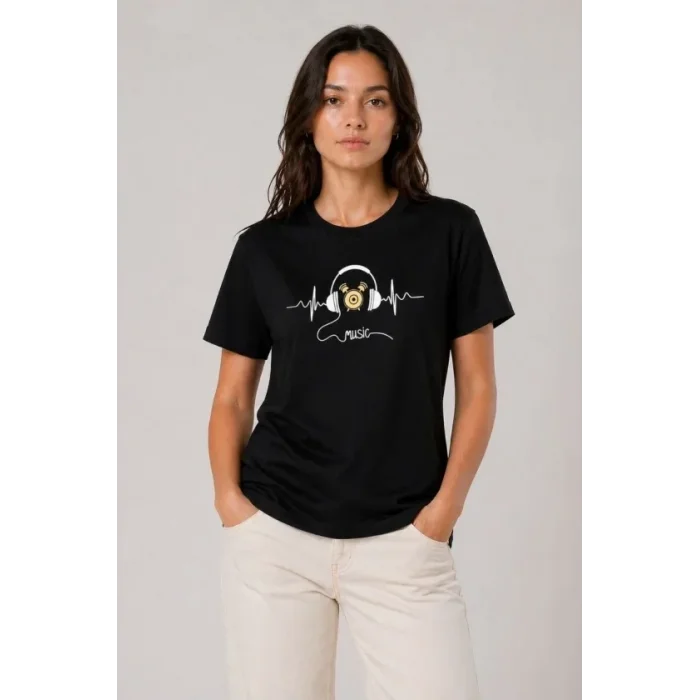 Müzik Temalı Baskılı Tişört Bisiklet Yaka Kısa Kol T-Shirt - Siyah