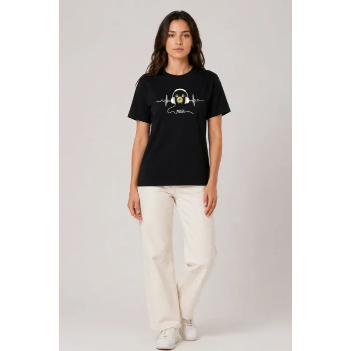 Müzik Temalı Baskılı Tişört Bisiklet Yaka Kısa Kol T-Shirt - Siyah