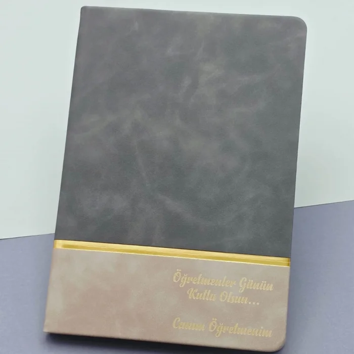 Öğretmenler Günü Hediyesi Yazılı Deri Defter Gri