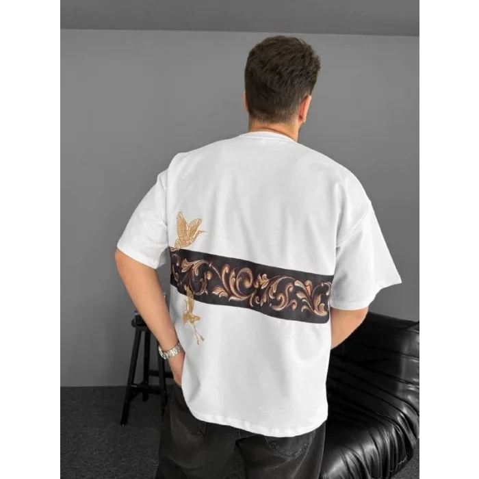 Ön Ve Arka Baskılı Oversize Bisiklet Yaka T-shirt - Beyaz