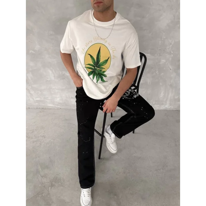Ön Ve Arka Baskılı Oversize Bisiklet Yaka T-shirt- Beyaz