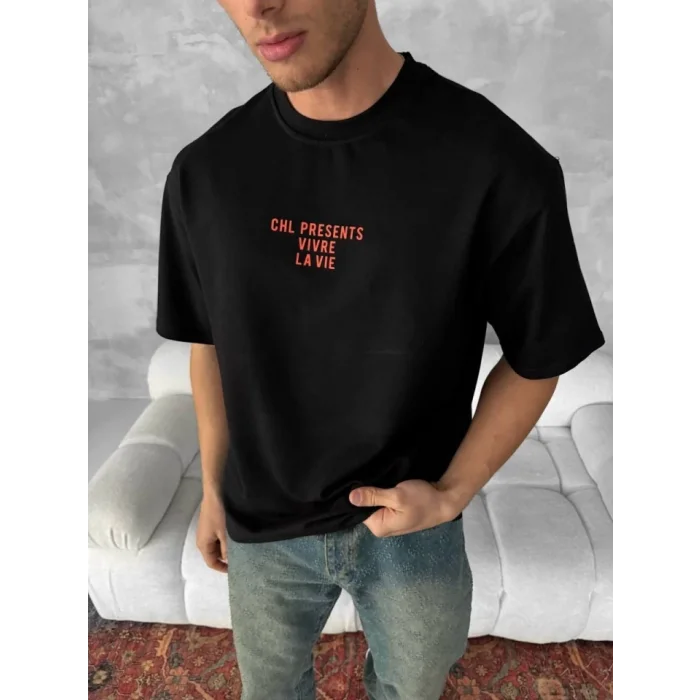 Ön Ve Arka Baskılı Oversize Bisiklet Yaka T-shirt- Siyah