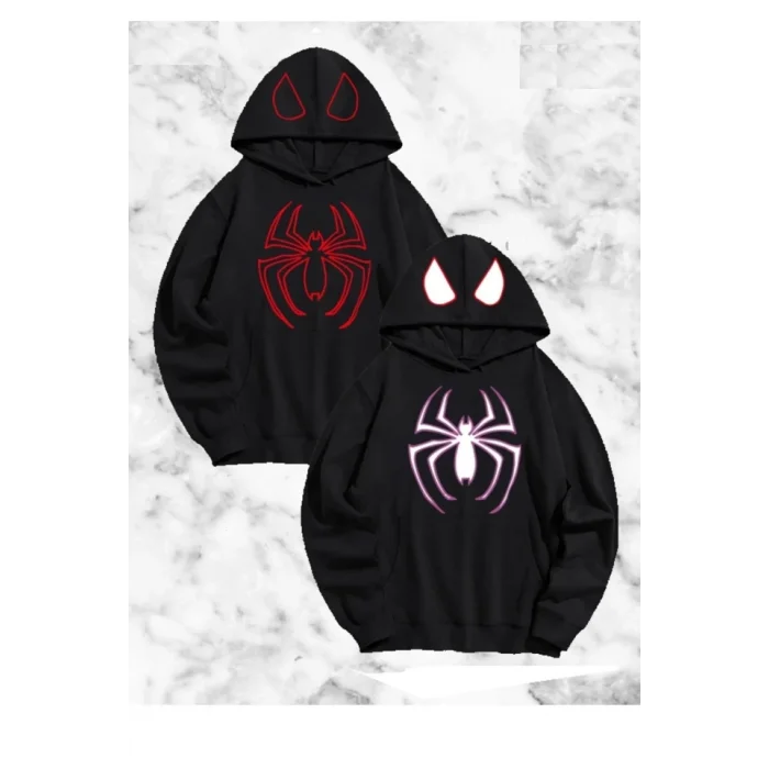 Örümcek Baskılı Sevgili Çift Kombini Kapüşonlu Sweatshirt - Hodie - Siyah