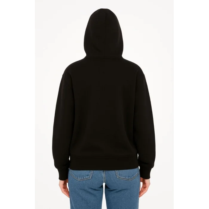 Oversize Kapüşonlu Sweatshirt  Hoodie 3 İplik Şardonlu Pamuklu Kumaş, Önü Baskılı, Fermuarlı Rahat Kalıp, Kışlık Ve Sokak Stili Sweat - Siyah