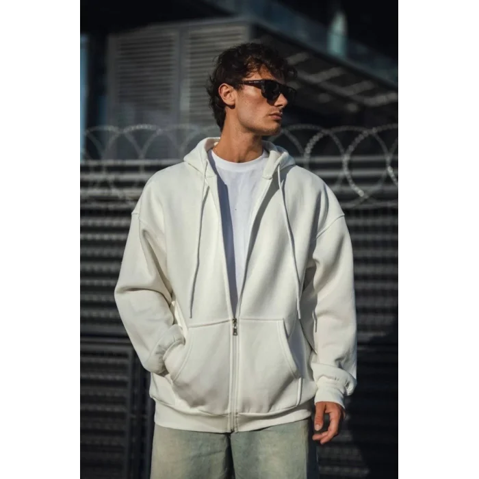 Oversize Tam Fermuarlı Uzun Kol Hırka - Beyaz