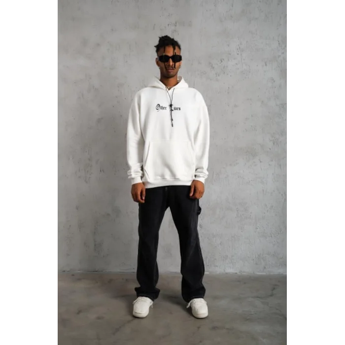 Oversize Üç İplik Şardonlu Kapüşonlu Sweatshirt – Beyaz “Other Lives” Ön Ve Arka Baskılı, Kanguru Cepli, Ribanalı Rahat Kışlık Model Beyaz