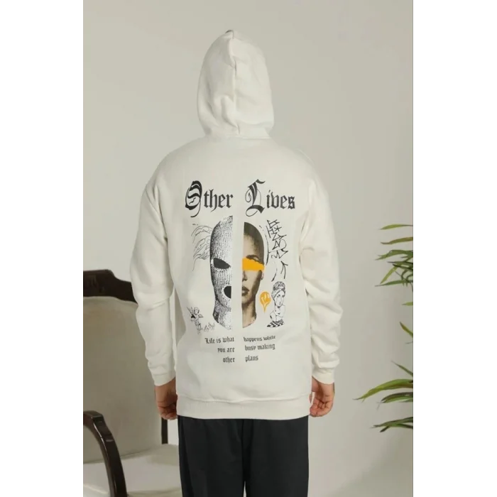 Oversize Üç İplik Şardonlu Kapüşonlu Sweatshirt – Beyaz “Other Lives” Ön Ve Arka Baskılı, Kanguru Cepli, Ribanalı Rahat Kışlık Model Beyaz