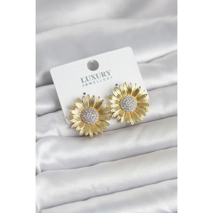 Papatya Model Zirkon Taşlı Pirinç Gold Renk Kadın Küpe - TJ-BKP11779