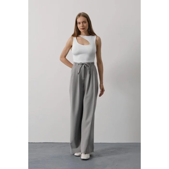Pileli Bağcıklı Oversize Pantolon - Gri
