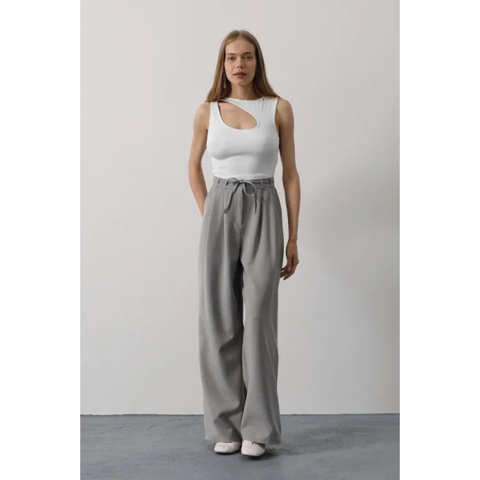 Pileli Bağcıklı Oversize Pantolon - Gri