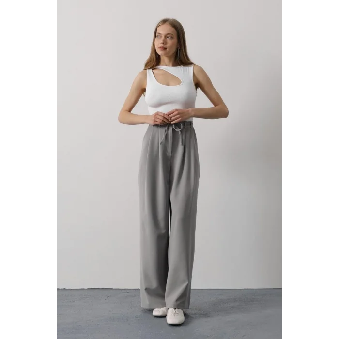 Pileli Bağcıklı Oversize Pantolon - Gri