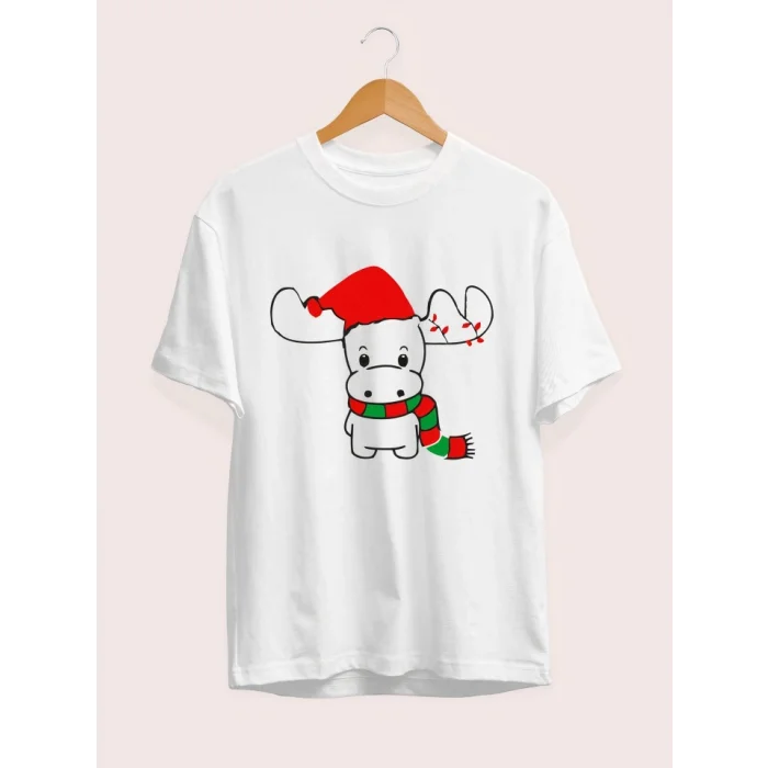 Ren Geyiği Baskılı Noel İçin T-shirt - Beyaz