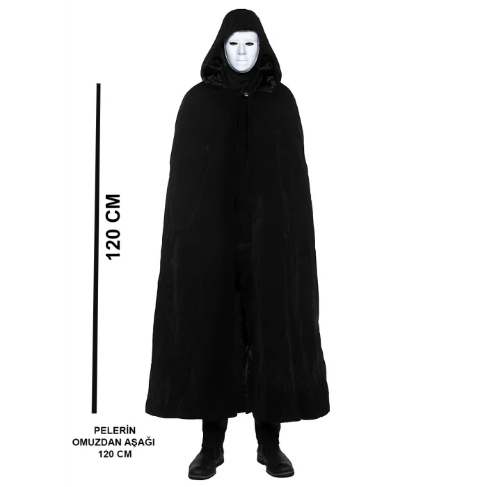 Siyah Kapüşonlu 120 cm Pelerin ve Beyaz Boyanabilir Tam Yüz Maske