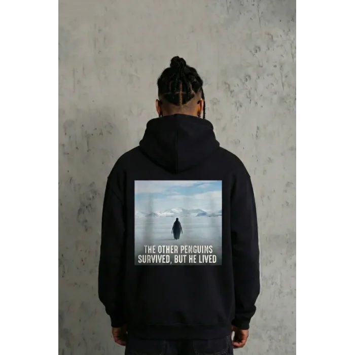 Siyah Oversize Hoodie - Sırt Baskılı Survivor Penguin Temalı, Felsefi Yazılı Kapüşonlu Sweatshirt - Siyah