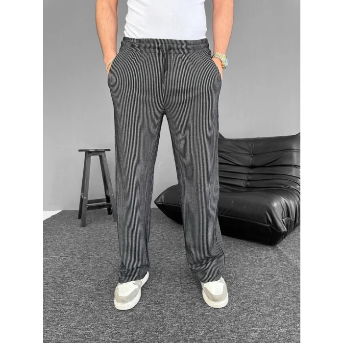 Su Yolu Çizgili Cepli Pantalon - Siyah