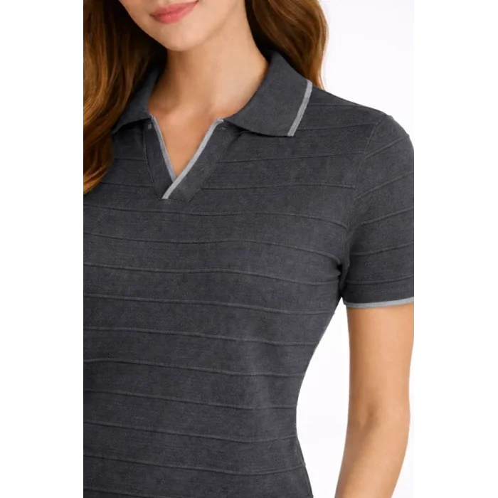 Triko Kumaş Yakalı Düğmesiz Açık Yaka Fitilli Kısa Kollu Regular Fit Tişört T-shirt - Siyah
