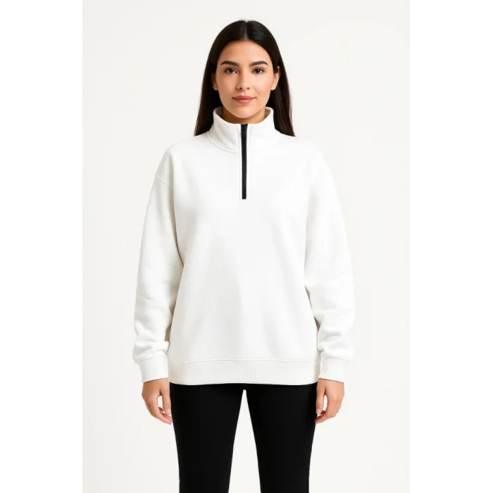 Üç İplik Dık Yaka Yarım Fermuarlı SweatShirt - Beyaz