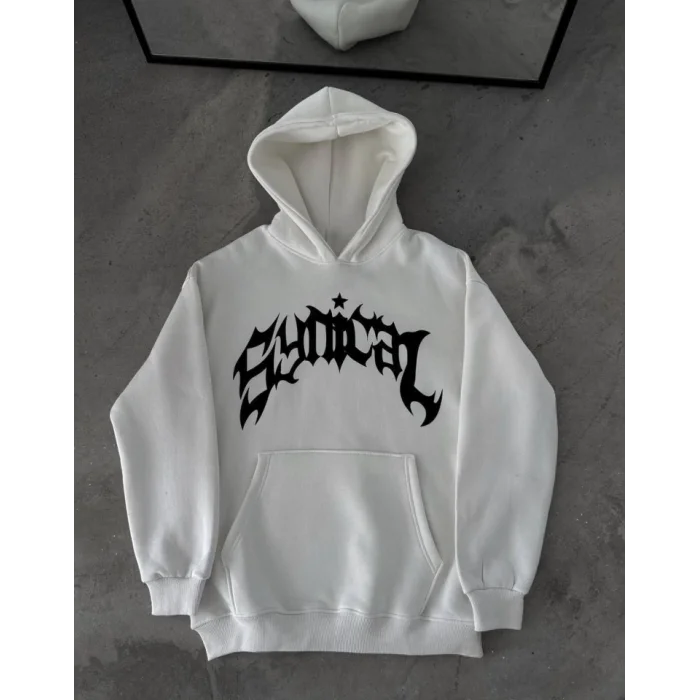 Üç İplik Kapşonlu Baskılı Oversize SweatShirt-  Beyaz