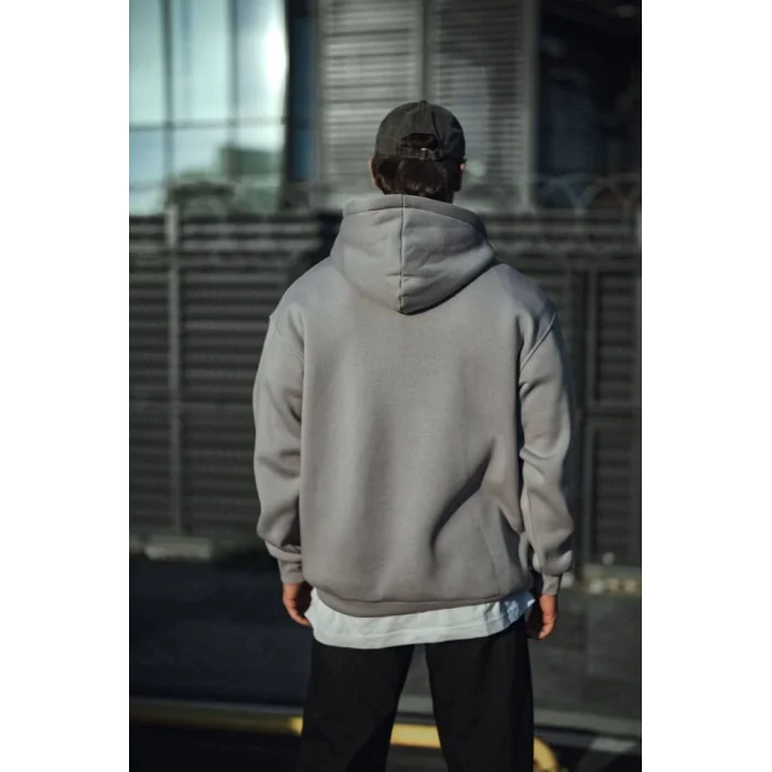 Üç İplik Penye Kapşonlu Basic SweatShirt - Boyalı Gri