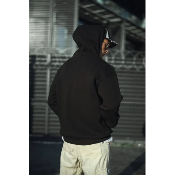 Üç İplik Penye Kapşonlu Basic SweatShirt - Siyah