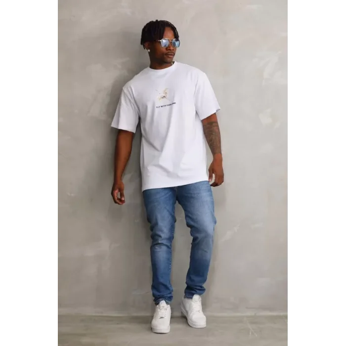 Unisex Baskılı Oversize T-Shirt - Beyaz